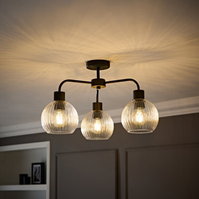 Valuelights Maddison Clear Ribbed Glass Globe Shades Matte Black 3 Arm Ceiling Light - image 1