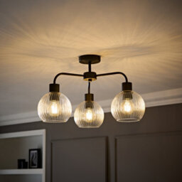 Valuelights Maddison Clear Ribbed Glass Globe Shades Matte Black 3 Arm Ceiling Light - thumbnail 1