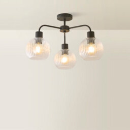 Valuelights Maddison Clear Ribbed Glass Globe Shades Matte Black 3 Arm Ceiling Light - thumbnail 3