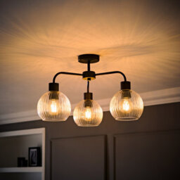 Valuelights Maddison Clear Ribbed Glass Globe Shades Matte Black 3 Arm Ceiling Light - thumbnail 2
