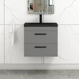 Royal Bathrooms Turin 600mm Wall Hung Vanity Unit 2 Drawer Indigo Grey Gloss With Black Basin & Handles - thumbnail 1