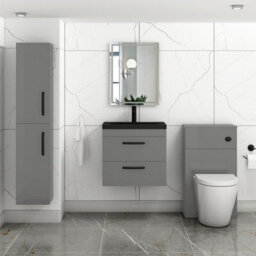 Royal Bathrooms Turin 600mm Wall Hung Vanity Unit 2 Drawer Indigo Grey Gloss With Black Basin & Handles - thumbnail 5