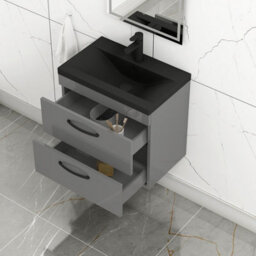 Royal Bathrooms Turin 600mm Wall Hung Vanity Unit 2 Drawer Indigo Grey Gloss With Black Basin & Handles - thumbnail 6