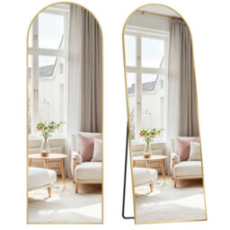 Songmics Full Length Mirror, 160 X 50 Cm, Arched Full Body Mirror With Stand, Aluminium Alloy Frame Floor Mirror,gold - thumbnail 2