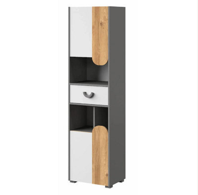 Arte Carini Compact Tall Cabinet In White Matt, Grey & Oak Nash - W500mm X H1900mm X D380mm - image 1