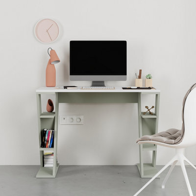 Decortie Modern Papillon 106Cm Working Desk Particleboard 3 Mini Shelves, Cross Design Legs H75Xw106Cm, White, Ash Green - image 1