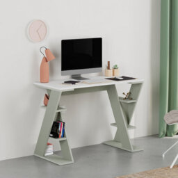 Decortie Modern Papillon 106Cm Working Desk Particleboard 3 Mini Shelves, Cross Design Legs H75Xw106Cm, White, Ash Green - thumbnail 4