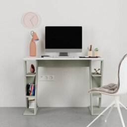 Decortie Modern Papillon 106Cm Working Desk Particleboard 3 Mini Shelves, Cross Design Legs H75Xw106Cm, White, Ash Green - thumbnail 1