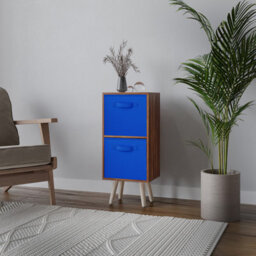 Urbn-Living Urbnliving 54Cm Height Teak Wooden 2 Tier Storage Bookcase Pine Legs Bedroom Dark Blue Inserts