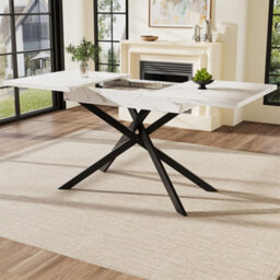 Abrihome White Marble Telescopic Dining Table With Crossed Iron Legs, 120-160Cm, Space-Saving Extendable Table - thumbnail 1