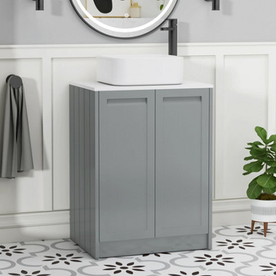 Royal Bathrooms Royal Bathroom Elmore 600mm Matt Pebble Grey Freestanding Bathroom Vanity Unit 2 Door Plain White Worktop With Elena Basin - image 1