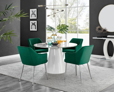 Furniturebox Uk Palma White Marble Effect Round Dining Table & 4 Green Calla Silver Leg Chairs - image 1