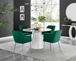 Furniturebox Uk Palma White Marble Effect Round Dining Table & 4 Green Calla Silver Leg Chairs - thumbnail 1