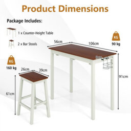 Costway 3-Piece Bar Table Set Kitchen Counter Height Pub Table W/bar Stools Space-Saving - thumbnail 3
