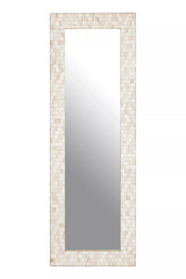 Orsina Boho Rectangular Wall Mirror, Whitewash Teak Wood Mosaic Frame, Subtle Accent Mirror For Living Room - image 1