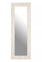 Orsina Boho Rectangular Wall Mirror, Whitewash Teak Wood Mosaic Frame, Subtle Accent Mirror For Living Room - thumbnail 1