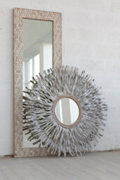 Orsina Boho Rectangular Wall Mirror, Whitewash Teak Wood Mosaic Frame, Subtle Accent Mirror For Living Room - thumbnail 2