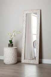 Orsina Boho Rectangular Wall Mirror, Whitewash Teak Wood Mosaic Frame, Subtle Accent Mirror For Living Room - thumbnail 4