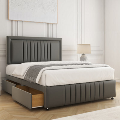 Bsspoke Lily Divan Bed Set Grey Plush Velvet 24Inch Headboard & Footboard & 2 Drawers Same Side & Mattress In All Sizes - image 1