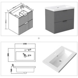 AVER-GROWTH 600mm Bathroom Vanity Unit With Resin Sink 2 Drawer Wall Hung Black Handles Matt Grey Bathroom Cabinet Storage Cupboard - thumbnail 4