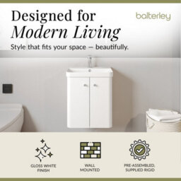 Balterley Flashbrook Modern Bathroom Wall Hung 2 Door Vanity Unit Basin, Gloss White, 505mm - thumbnail 3
