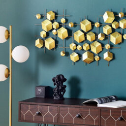 Wyld And Coco Gold Iron Geometric Wall Sculpture Cubes - Handcrafted Art Deco Stacked Cube Design, W89 X D3 X H45Cm - thumbnail 2