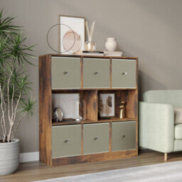 Urbn-Living Urbnliving Asymmetrical 8 Cube Bookcase Shelf Storage Unit W/ 6 Fabric Drawer Inserts (Rustic Brown+Beige) - thumbnail 4