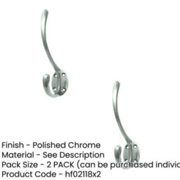 Loops 2 Pack Elegant Solid Brass Hat And Coat Hook In Polished Chrome - 142mm - Wall Mounted Clothing Hook - thumbnail 2