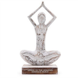 "Serenityy Wooden Yoga Lady Figurine Whitewash Hands Up Pose - ""hands To The Heavens Embrace Peace""" - thumbnail 1