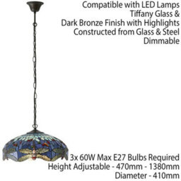 Tiffany Glass Hanging Ceiling Pendant Light Blue Dragonfly 3 Lamp Shade I00109 - thumbnail 2