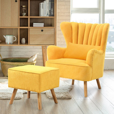 Living And Home Wing Back Armchair With Footstool Set, Yellow 1 Seater Upholstered Sofa Chair With Lumbar Pillow - image 1