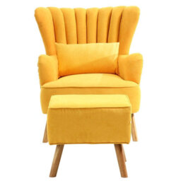Living And Home Wing Back Armchair With Footstool Set, Yellow 1 Seater Upholstered Sofa Chair With Lumbar Pillow - thumbnail 4