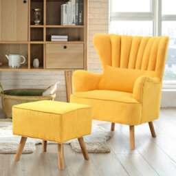 Living And Home Wing Back Armchair With Footstool Set, Yellow 1 Seater Upholstered Sofa Chair With Lumbar Pillow - thumbnail 1