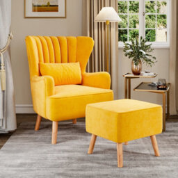 Living And Home Wing Back Armchair With Footstool Set, Yellow 1 Seater Upholstered Sofa Chair With Lumbar Pillow - thumbnail 2