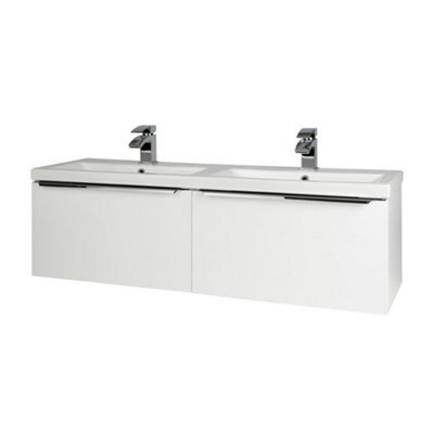 Clifton 1200mm Bathroom Wall Mounted Drawer Unit And Twin Ceramic Basin Gloss White (Central) - Brassware Not Included - image 1