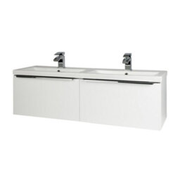 Clifton 1200mm Bathroom Wall Mounted Drawer Unit And Twin Ceramic Basin Gloss White (Central) - Brassware Not Included - thumbnail 1