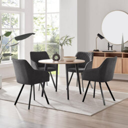 Furniturebox Uk Koko Oak Effect Round Dining Table & 4 Dark Grey Falun Black Leg Chairs - thumbnail 1