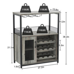 Tall Wine Bar Rack Cabinet Adjustable Shelves Glass Cup Holder - thumbnail 9