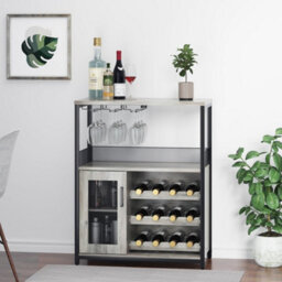 Tall Wine Bar Rack Cabinet Adjustable Shelves Glass Cup Holder - thumbnail 1