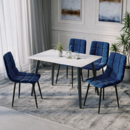Urbn-Living Urbnliving 5Pcs White Matt Modern Ceramic Top Dining Table & Blue Plush Velvet Chairs With Metal Legs - thumbnail 5
