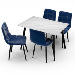 Urbn-Living Urbnliving 5Pcs White Matt Modern Ceramic Top Dining Table & Blue Plush Velvet Chairs With Metal Legs - thumbnail 6