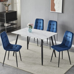 Urbn-Living Urbnliving 5Pcs White Matt Modern Ceramic Top Dining Table & Blue Plush Velvet Chairs With Metal Legs