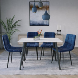 Urbn-Living Urbnliving 5Pcs White Matt Modern Ceramic Top Dining Table & Blue Plush Velvet Chairs With Metal Legs - thumbnail 2