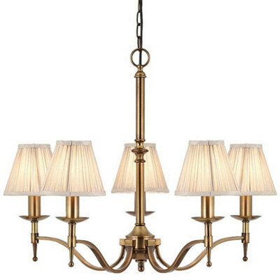 Avery Ceiling Pendant Chandelier Light 5 Lamp Antique Brass & Beige Pleat Shade - image 1