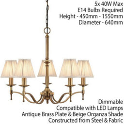 Avery Ceiling Pendant Chandelier Light 5 Lamp Antique Brass & Beige Pleat Shade - thumbnail 2