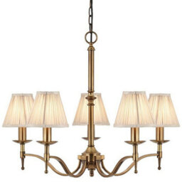 Avery Ceiling Pendant Chandelier Light 5 Lamp Antique Brass & Beige Pleat Shade