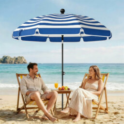 Outsunny 1.8 M Beach Umbrella Parasol With Sand Anchor, Tilt, Blue/white - thumbnail 9