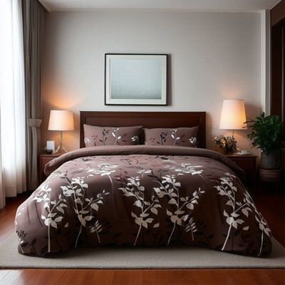 Duvet Cover And Pillowcase Set Floral Leaf Design Polycotton Bed Linen Brown - image 1