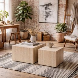 Wyld Haus Munkebo Set Of 2 Light Travertine-Inspired Square Coffee Tables (Pair) - thumbnail 1