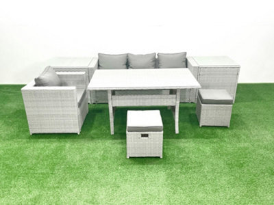 Fimous Rattan Garden Furniture Dining Set 6 Seater Lounge Sofa Chair Dining Table Set 2 Small Stools 2 Side Tables Light Grey - image 1